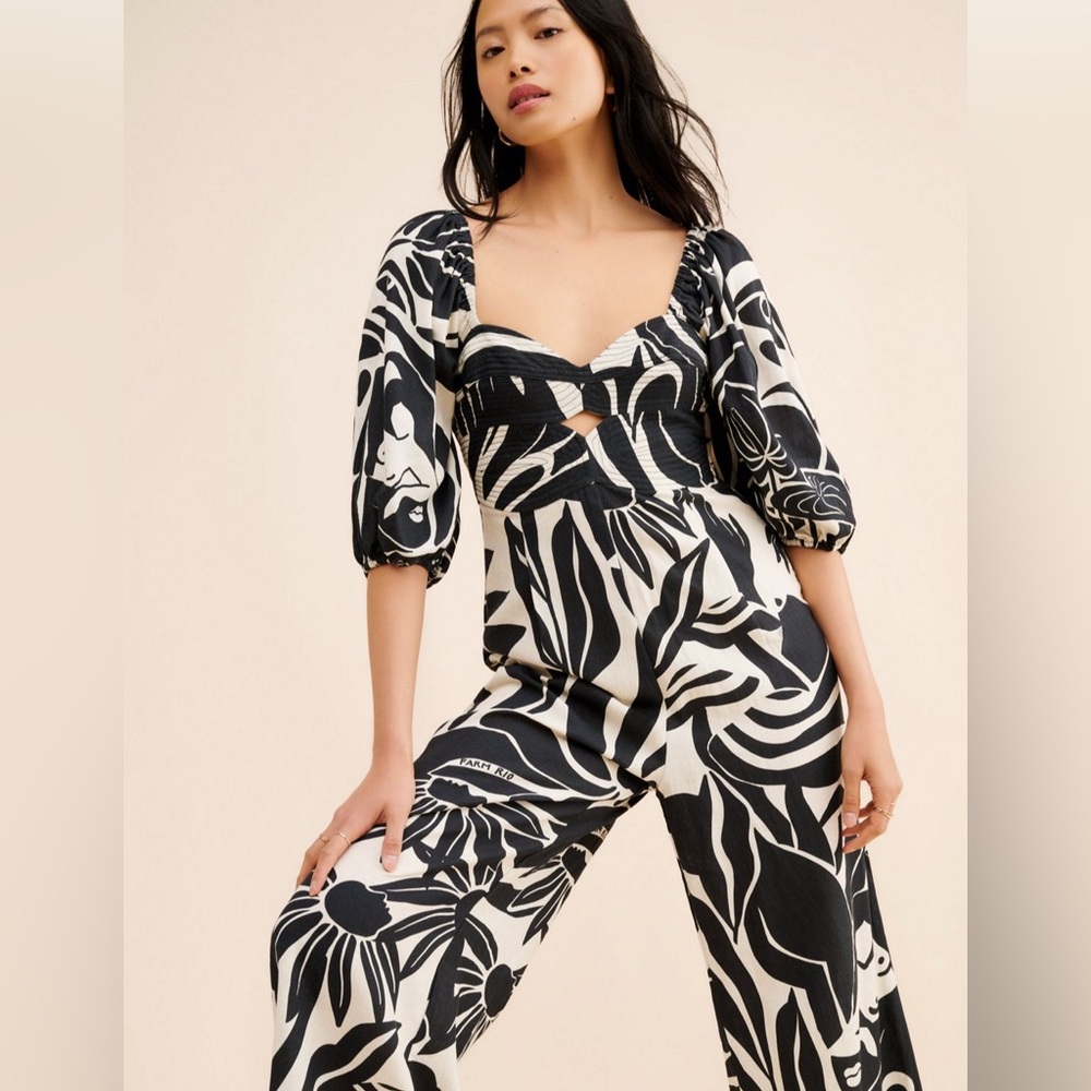 FARM Rio black and cream linen jumpsuit